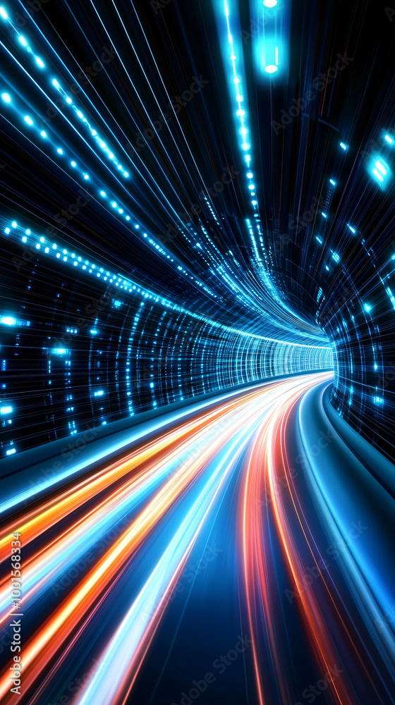 Poster Speeding through a futuristic glowing tunnel with binary code, light trails create a mesmerizing blur of motion symbolizing the fast-paced world of technology and communication in cyberspace