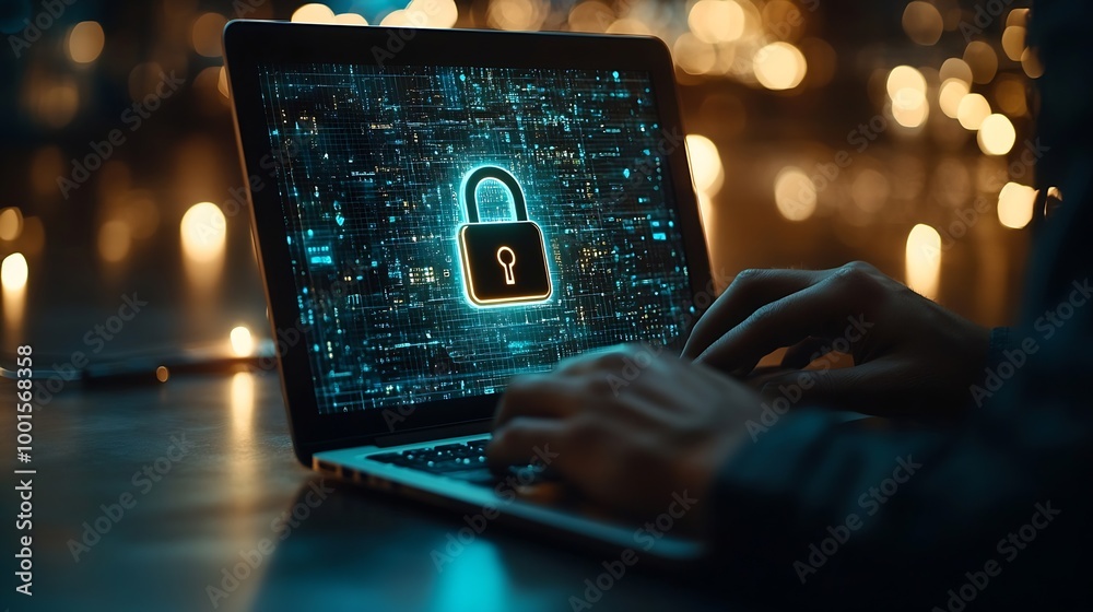 Fototapete Cyber security network Data protection concept Businessman using laptop computer and digital tablet with padlock on network security technology with cloud computing data management cyb : Generative AI