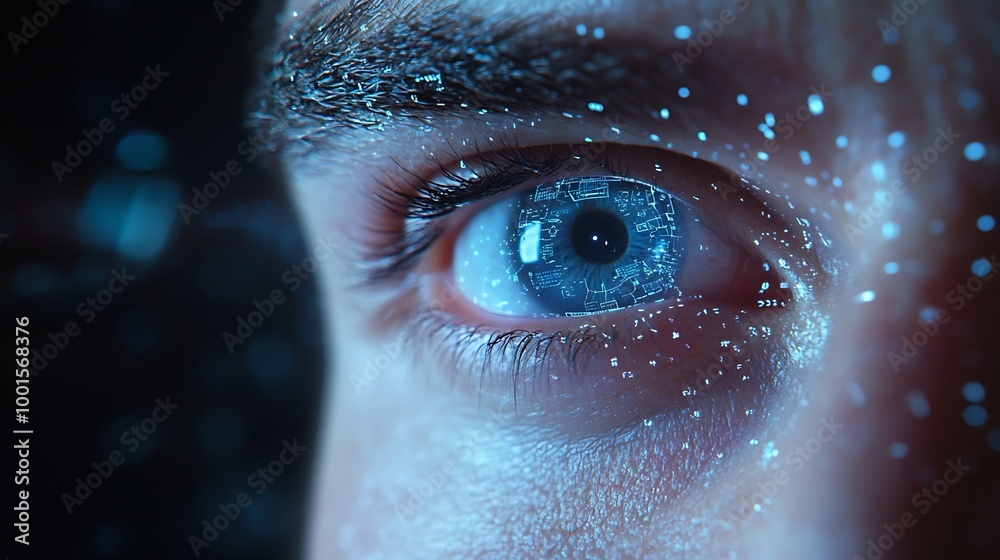 Aufkleber Scan hologram eyes and face of man of biometric data cybersecurity and futuristic technology Holographic portrait identity software and person with future or digital facial recognition : Generative AI