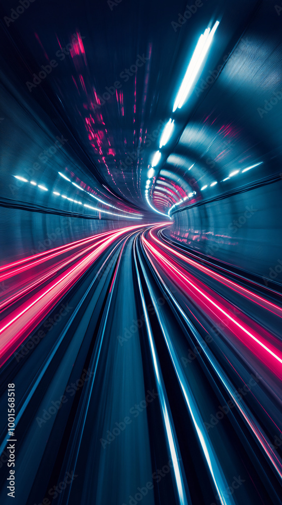 Aufkleber Futuristic tunnel illuminated by light trails as an object speeds through it