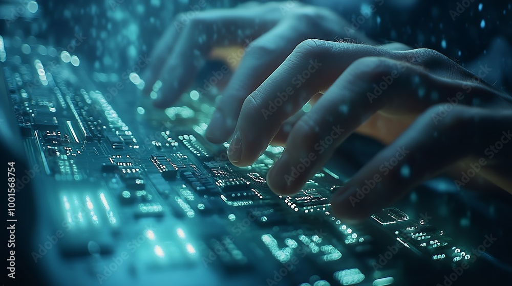 Poster Cyber security IT engineer working on protecting network against cyberattack from hackers on internet Secure access for online privacy and personal data protection Hands typing on keyb : Generative AI