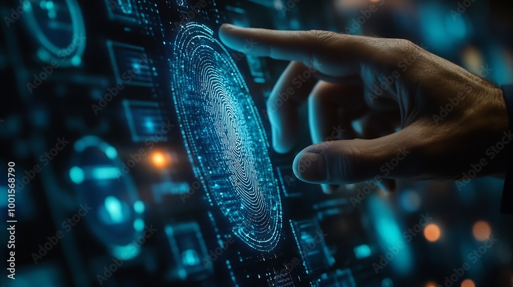 Poster Businessman using fingerprint indentification to access personal financial data biometrics security innovation technology against digital cybercrimeidentification and security scanning : Generative AI