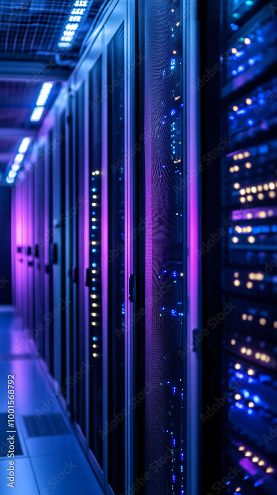 Poster Server room with led lights is working to provide hosting service for websites and applications