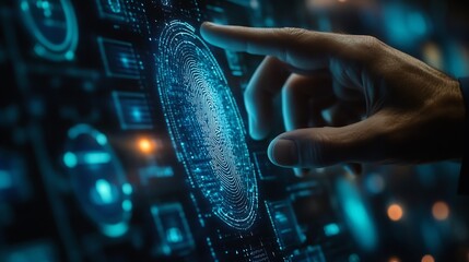 Businessman using fingerprint indentification to access personal financial data biometrics security innovation technology against digital cybercrimeidentification and security scanning : Generative AI