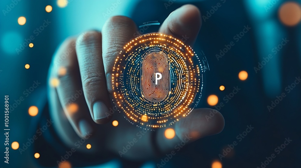 Poster Cyber security online banking data protection Businessman using fingerprint indentity and face id to access personal financial data biometrics security on mobile banking app innovation : Generative AI