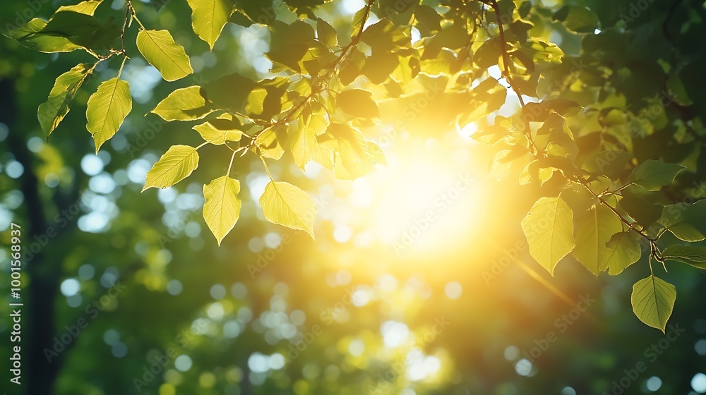 Aufkleber Spring Sun Shining Through Canopy Of Tall Trees Woods Sunlight In Forest Summer Nature Upper Branches Of Trees Background Nobody Environment concept : Generative AI