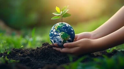 World environment day concept with tree planting and green earth on volunteering hands for ecological sustanability environmental saving CSR ESG awareness Element of the image furnishe : Generative AI