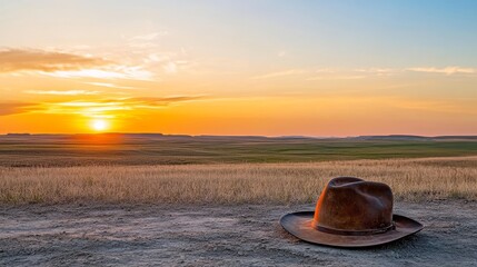 Rugged Cowboy Hat On Ground In Open Field At Dawn