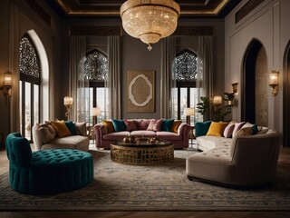  a photorealistic mockup of an Arabic-style living room that highlights luxurious fabrics, such as silk and velvet, with a grand chandelier overhead, intricate carvings on furniture, and a cozy 