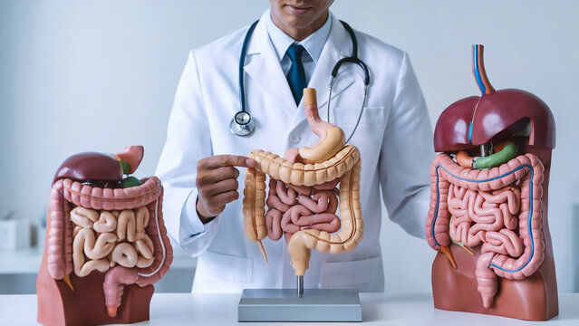 Close-Up of Medical Professional in White Coat Demonstrating Human Digestive System Anatomy with Stethoscope