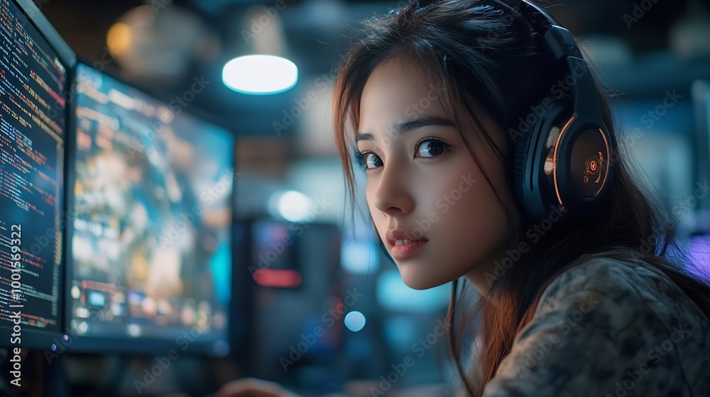 Leinwandbilder Female Asian Game Programmer Coding On Desktop Computer In Game Development Studio Diverse Office Focused Woman Writes Lines Of Code Does AI Engineering For New Immersive 3D Survival V : Generative AI
