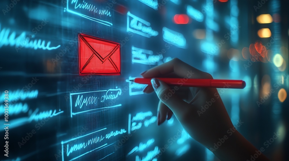 Poster Hand sketching Email Concept with red marker on transparent wipe board : Generative AI