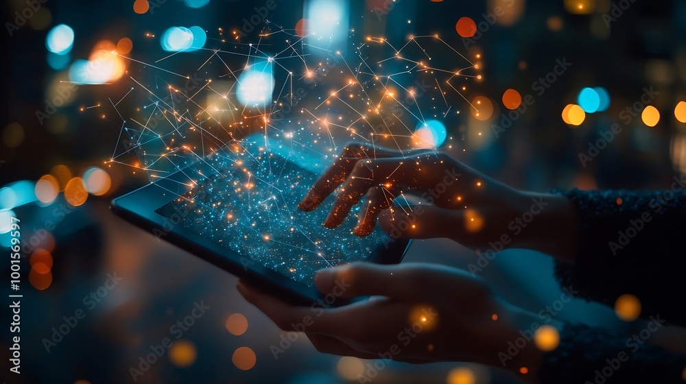 Fototapete Digital technology internet global network technology concept Business man using digital tablet computer with global internet network connection smart city background data exchange eco : Generative AI