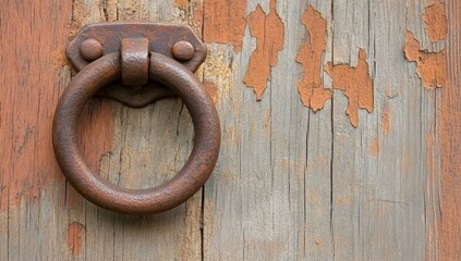 Rustic Metal Door Knocker On Aged Wooden Surface