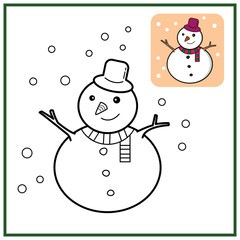 Snowman coloring page Christmas Worksheet. Printable black and white outline for activity and colouring book for kids.