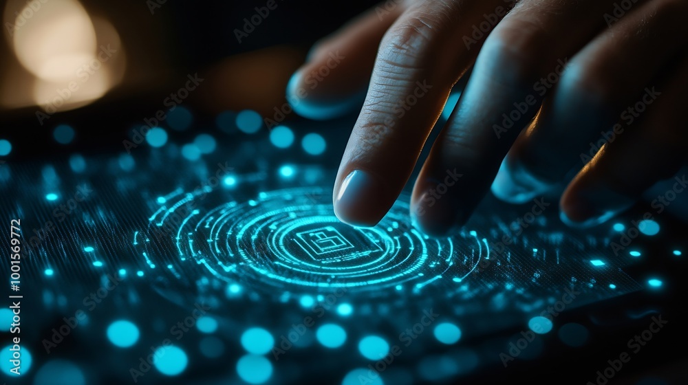 Leinwandbilder Cyber security network Data protection concept Businessman using digital tablet with biometric network security technology to access privacy data and management computer crime data enc : Generative AI