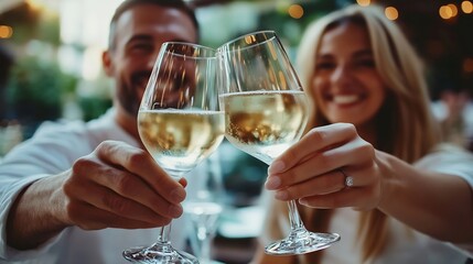 Vertical Mature smiling couple toasting white wine glasses to the camera Middle aged married people drinking alcohol on a bar terrace Two adult partners clinking with alcohol beverages : Generative AI