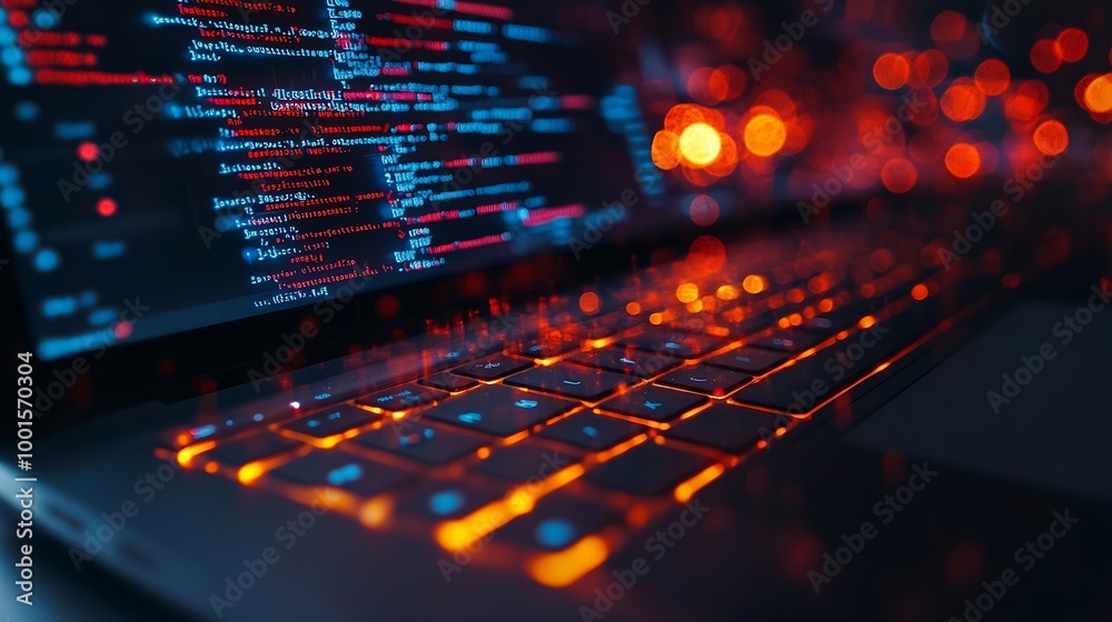 Fototapete close up computer engineering writing programming code in database on laptop keyboard to protect and blocking spam email from internet and hacker for smart technology concept : Generative AI