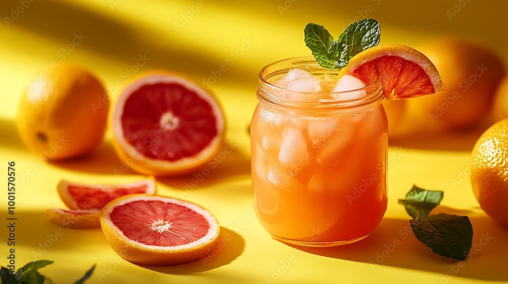 Poster freshly squeezed blood orange juice with ice mint and a slice of fruit in a jar on a yellow backgrou
