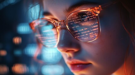Software data hologram and woman with code analytics information technology and gdpr overlay Programmer coding or IT person in glasses reading html script programming and cyber securit : Generative AI