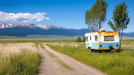 Old Rusty Trailer In The Middle Of Nowhere