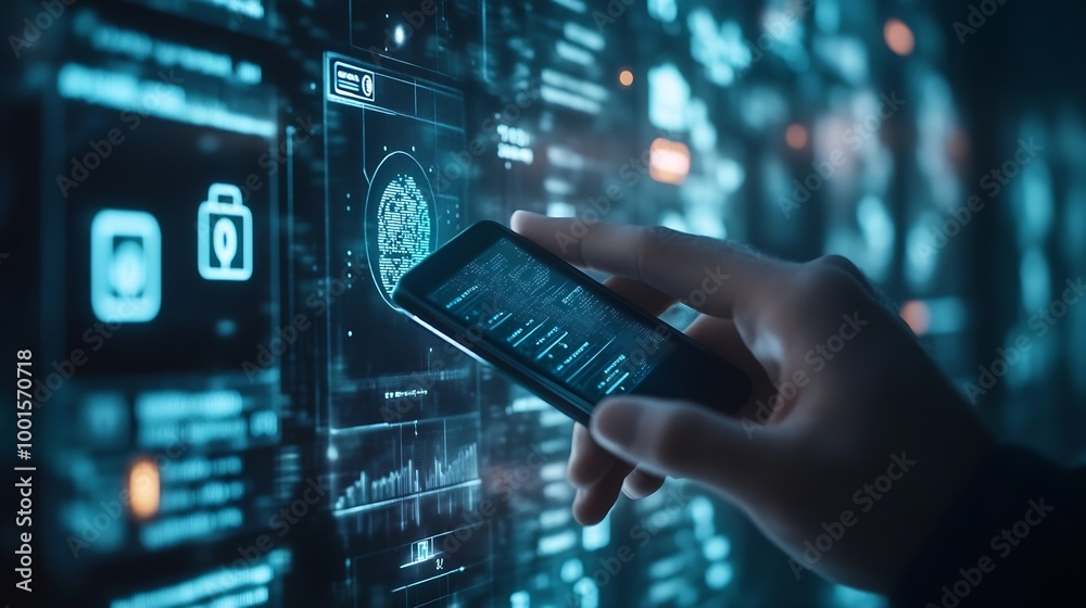 Poster Cyber security network Data protection Business man using mobile phone for digital banking with fingerprint biometric network security technology cloud computing data encryption cybers : Generative AI