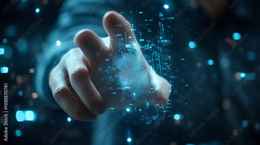 Aufkleber businessman scan fingerprint biometric identity and approval concept of the future of security and password control through fingerprints in an immersive technology future and cyberneti : Generative AI