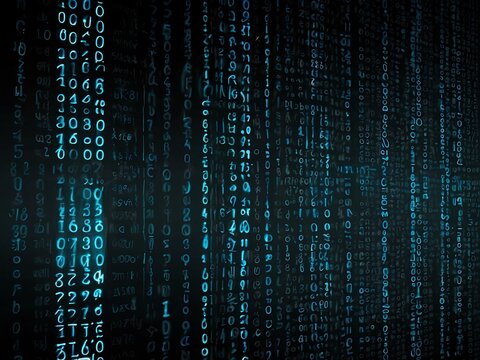 Digital background featuring glowing blue binary code in black.