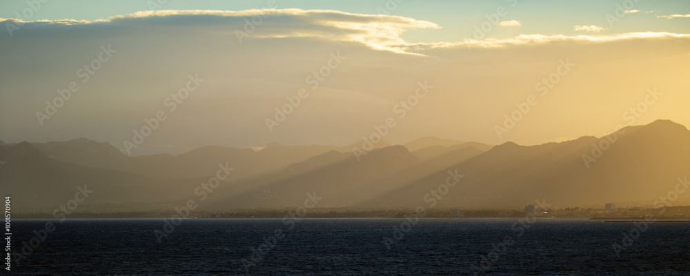 Wall mural evening sky clouds lit by bright sunlight - natural sunset sky landscape view.