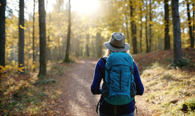 A woman hikes through a forest trail on a sunny autumn day