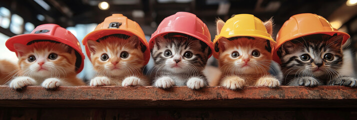 Five adorable kittens wearing hard hats line up for a cute construction project.