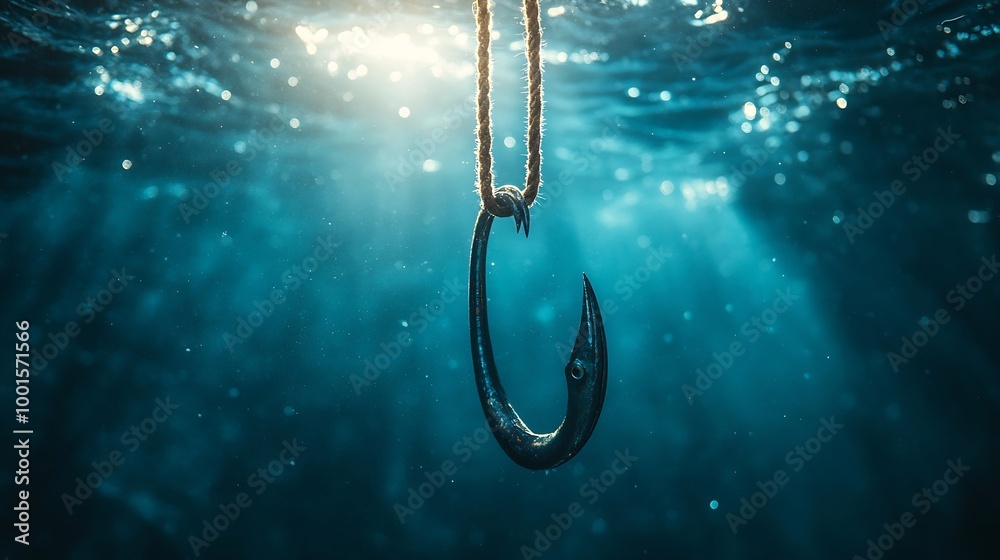 Aufkleber login information attached to large hook under water with sunlight phishing concept : generative ai