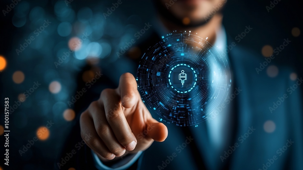 Poster Know your customer KYC concept Biometrics security Businessman holding identity verification symbol for Increase financial security and access personal financial data : Generative AI