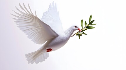 Fototapeta premium Peace Dove: A simple yet powerful illustration of a white dove carrying an olive branch. The dove stands out against the white background, symbolizing peace and human rights. isolate on white 