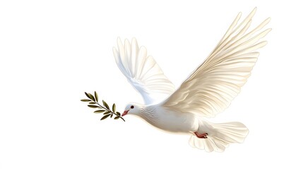 Obraz premium Peace Dove: A simple yet powerful illustration of a white dove carrying an olive branch. The dove stands out against the white background, symbolizing peace and human rights. isolate on white 