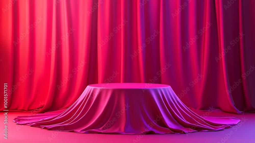 Aufkleber cylinder podium covered with red cloth on viva magenta background premium empty fabric pedestal for 