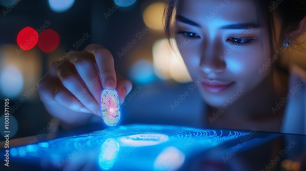 Leinwandbilder Biometrics security system Woman using fingerprint identification to access personal financial data on mobile phone mobile banking app biometrics cyber security technology against digi : Generative AI
