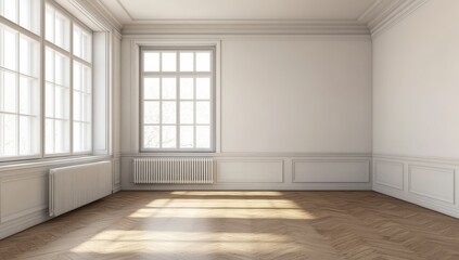 Fototapeta premium Bright spacious empty room with large windows and elegant parquet floor