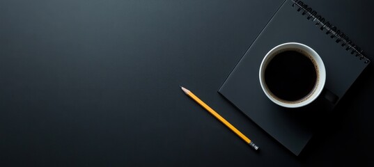 Black Office Desk with Notebook and Coffee Cup.