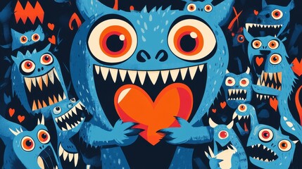 A joyful monster hugs a heart, surrounded by playful friends in a vibrant scene