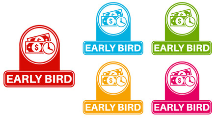 Obraz premium Set collections early bird trendy colorful icon sign. cheaper labels discount banner design template Vector illustration