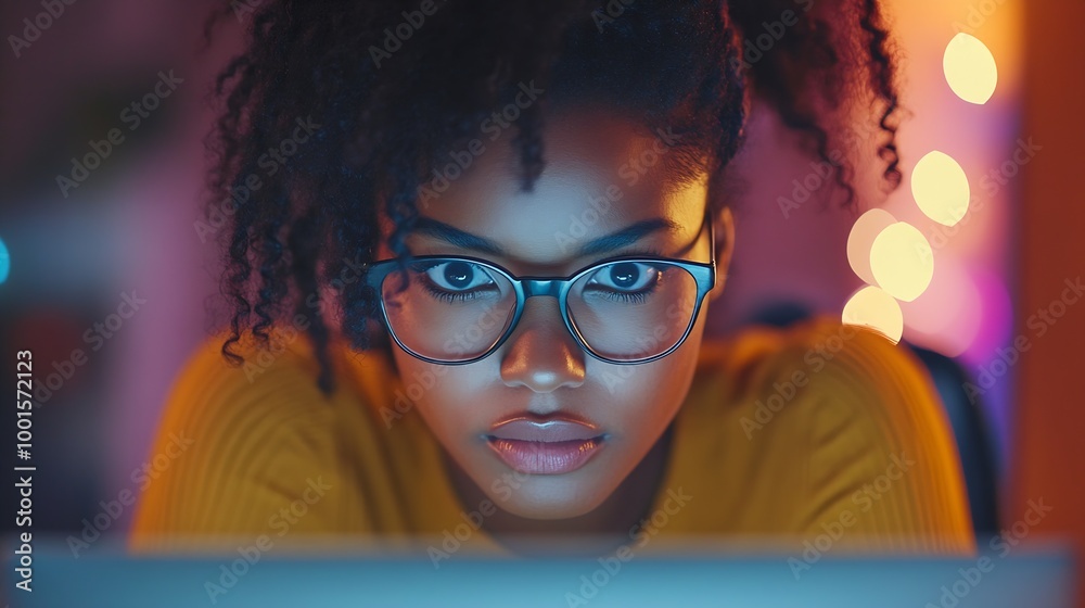 Poster office computer and black woman with glasses serious or reading email online research or report lapt