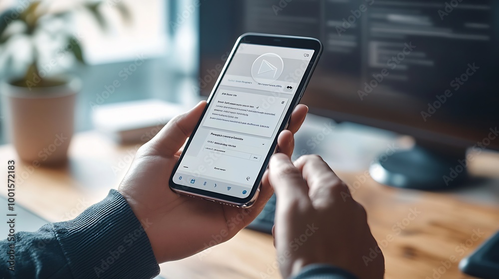 Fototapete Email app on smartphone screen with business person reading messages from inbox with wireless internet access on mobile phone communication technology : Generative AI