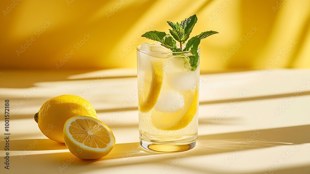 Poster A  cold lemonade in a glass with lemon mint and ice on a yellow and white background The concept of a refreshing and healthy drink on a summer day Copy space : Generative AI