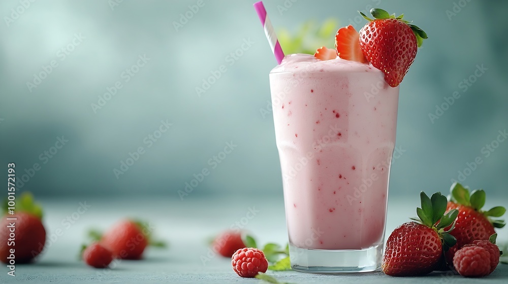 Poster a glass of strawberry milkshake or smoothie with strawberries on a light background with fresh berri