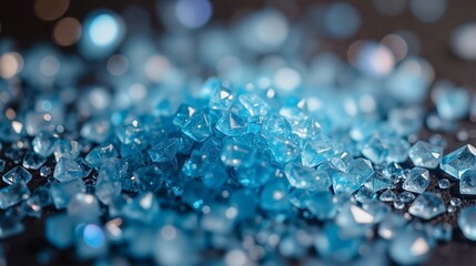 Blue Crystal Mosaic - Close Up, A captivating close-up photograph showcasing a vibrant scattering of blue crystals on a dark background.