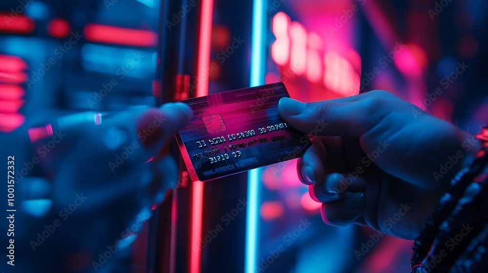 Poster Cropped hands image in criminal anonymous male approaching credit card of personal information database for codding encryption scam program in privacy system at night at blue neon ligh : Generative AI