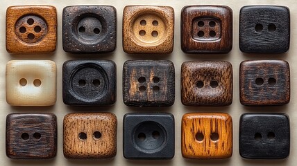 Collection of Square and Round Wooden Buttons in Various Colors