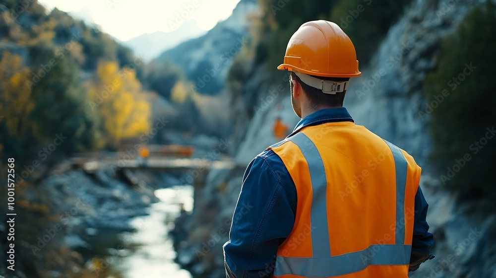 Poster construction engineer working on a bridge construction site over a rivercivil engineer supervising w