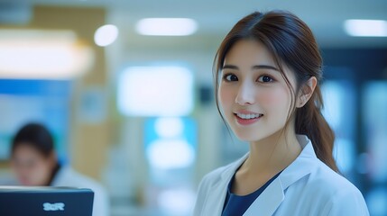 Fototapeta premium Asian woman comes to reception desk in clinic lobby area and makes appointment with doctor Female administrator talks with patient at information counter Medical staff work in medical : Generative AI